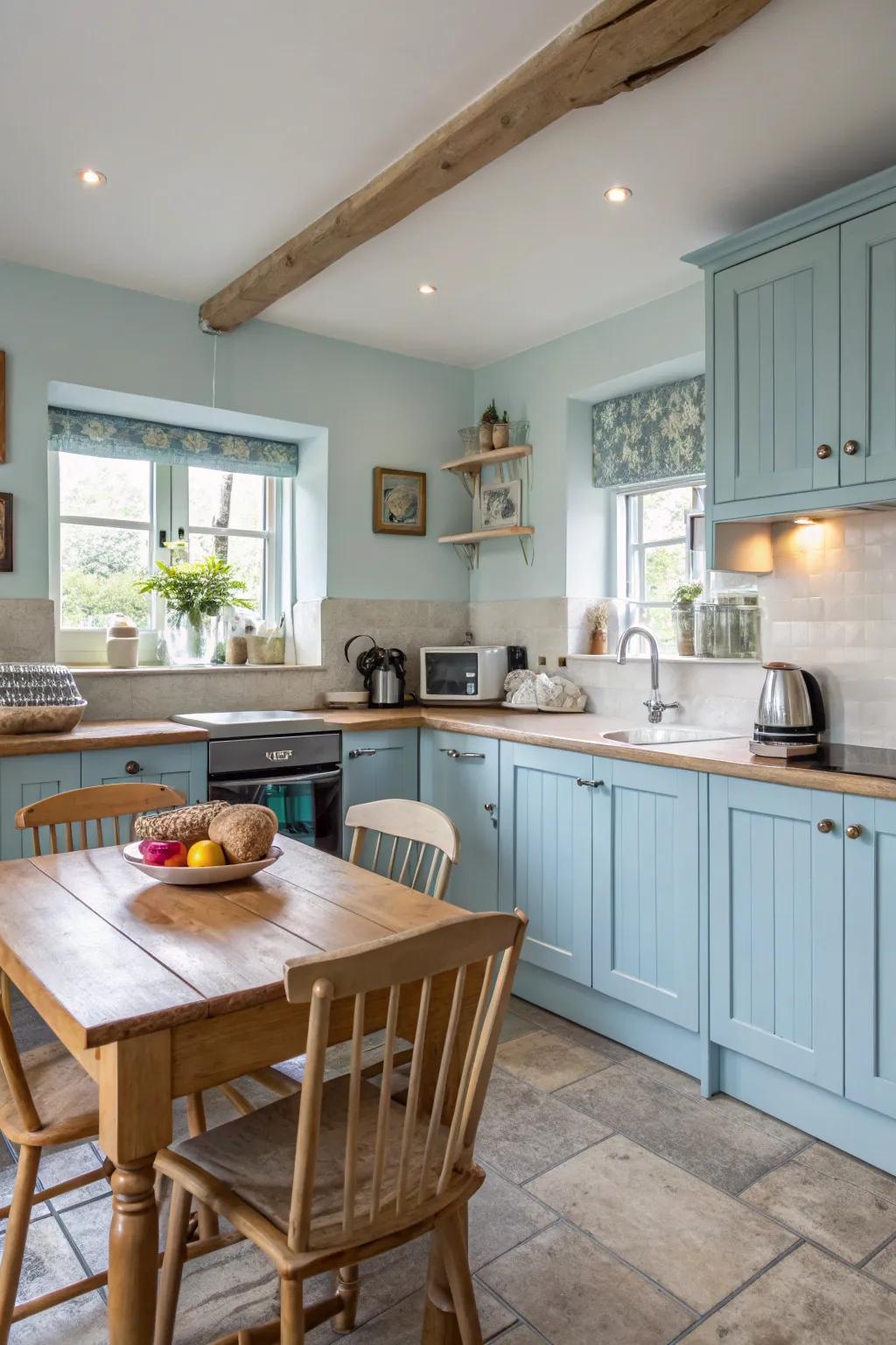 Pastel blue cabinets bring a soft, inviting feel to the kitchen.