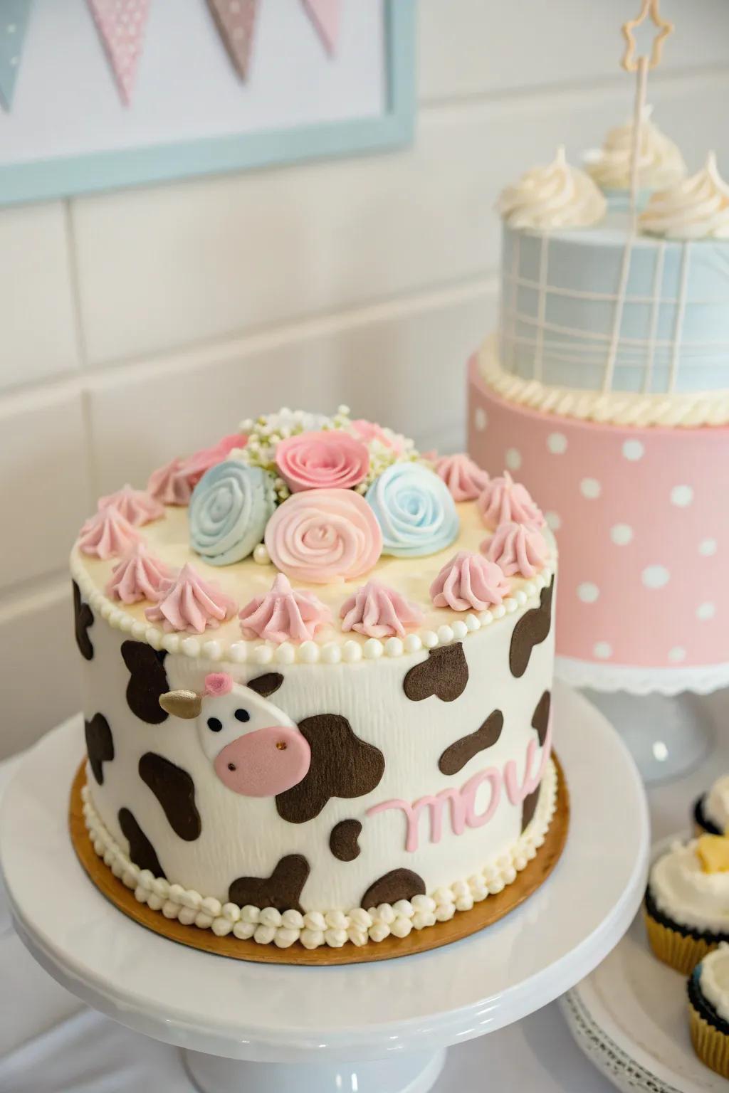 A striking cow print cake that adds a playful touch to any cowgirl baby shower.