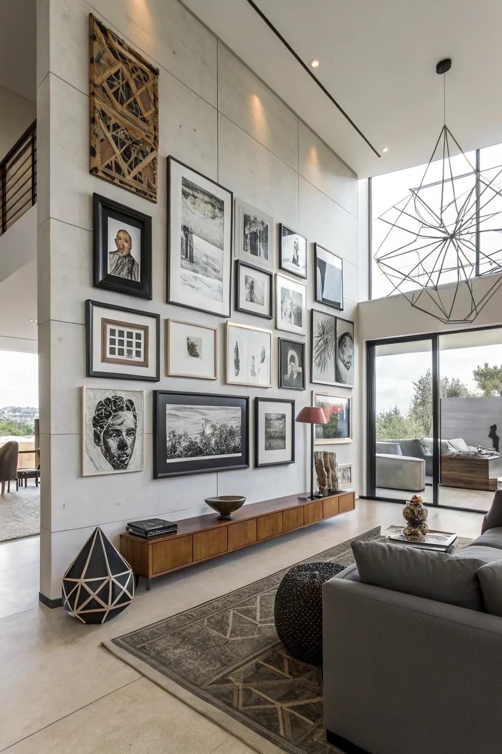 Asymmetrical layouts offer a playful take on traditional picture hanging.