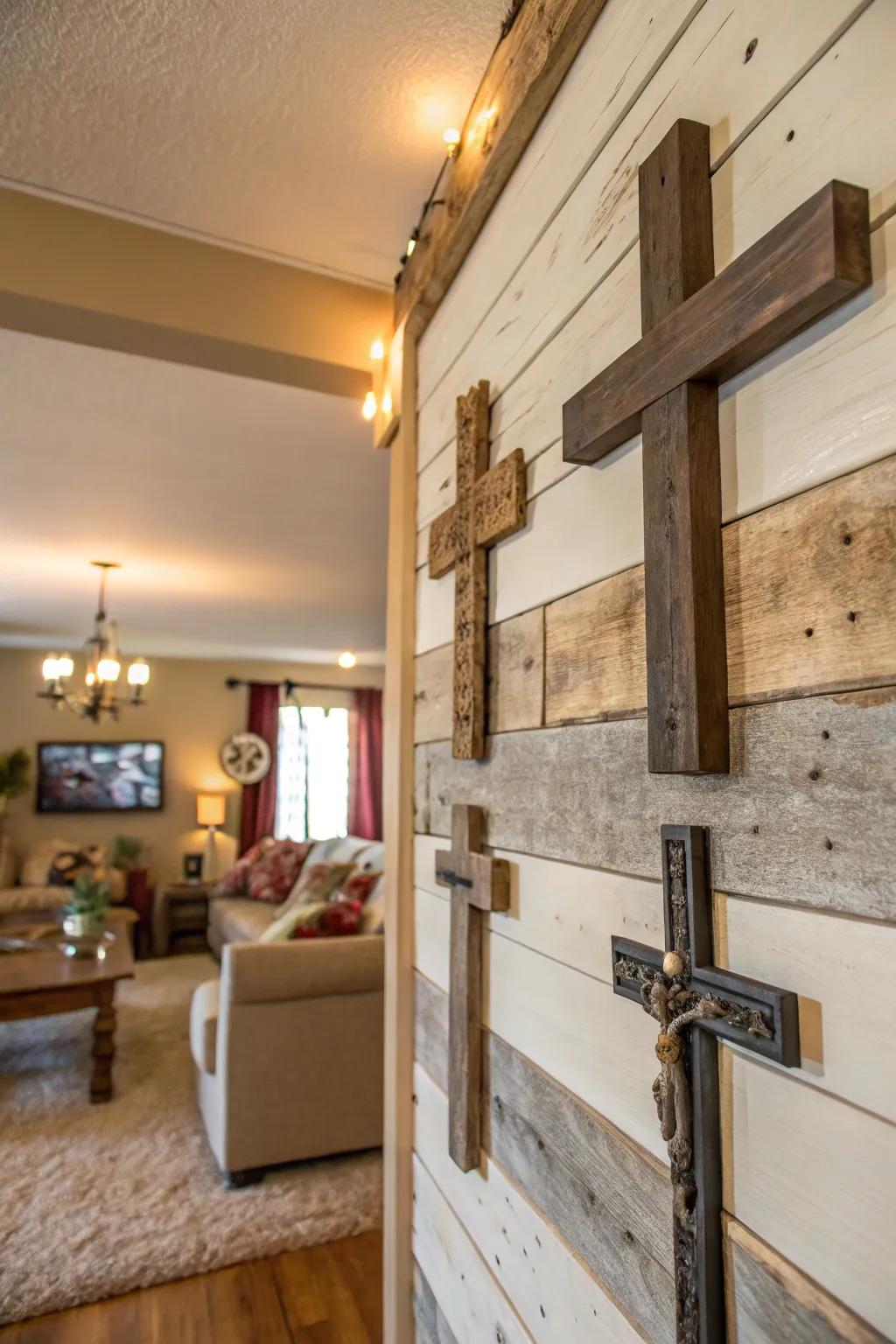 Rustic wall decor featuring wooden and metal crosses.