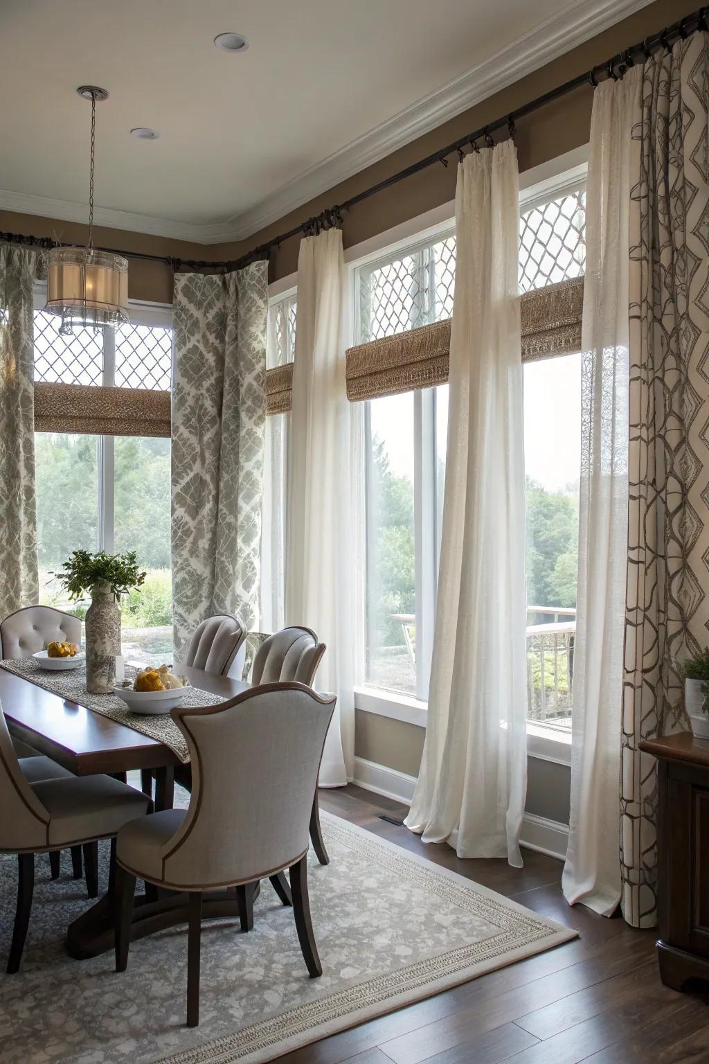 Layered drapes contribute both depth and practicality to spaces with multiple windows.
