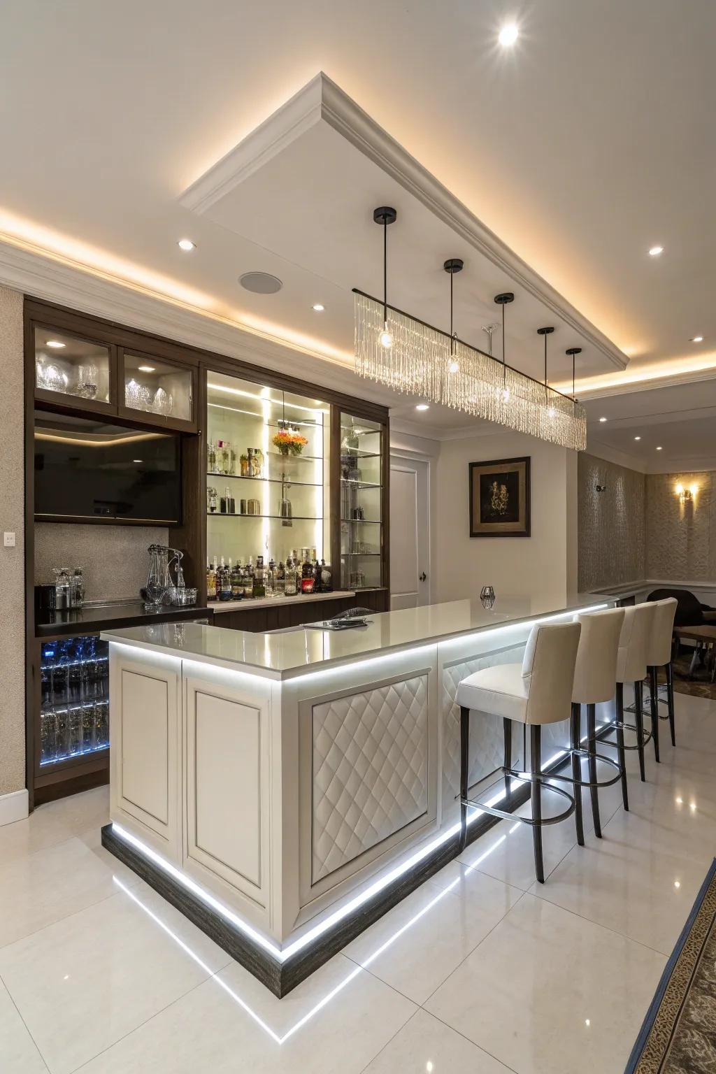 A sleek and modern bar with minimalist design and integrated lighting.