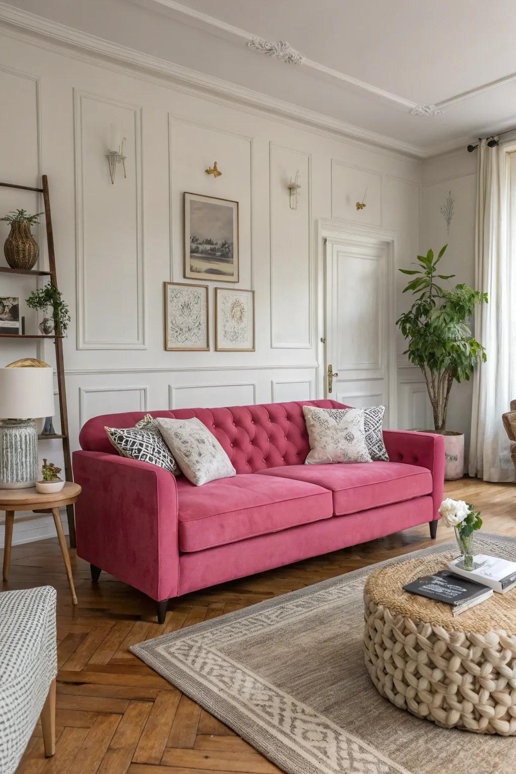 A bold pink sofa becomes the focal point of this stylish living room.