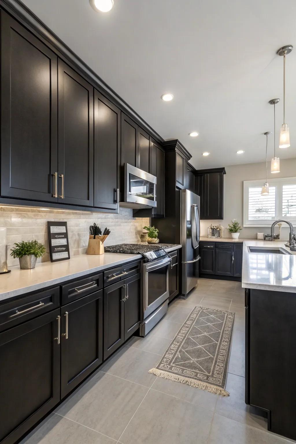 Modern stainless steel appliances paired with dark cabinetry for a sleek finish.