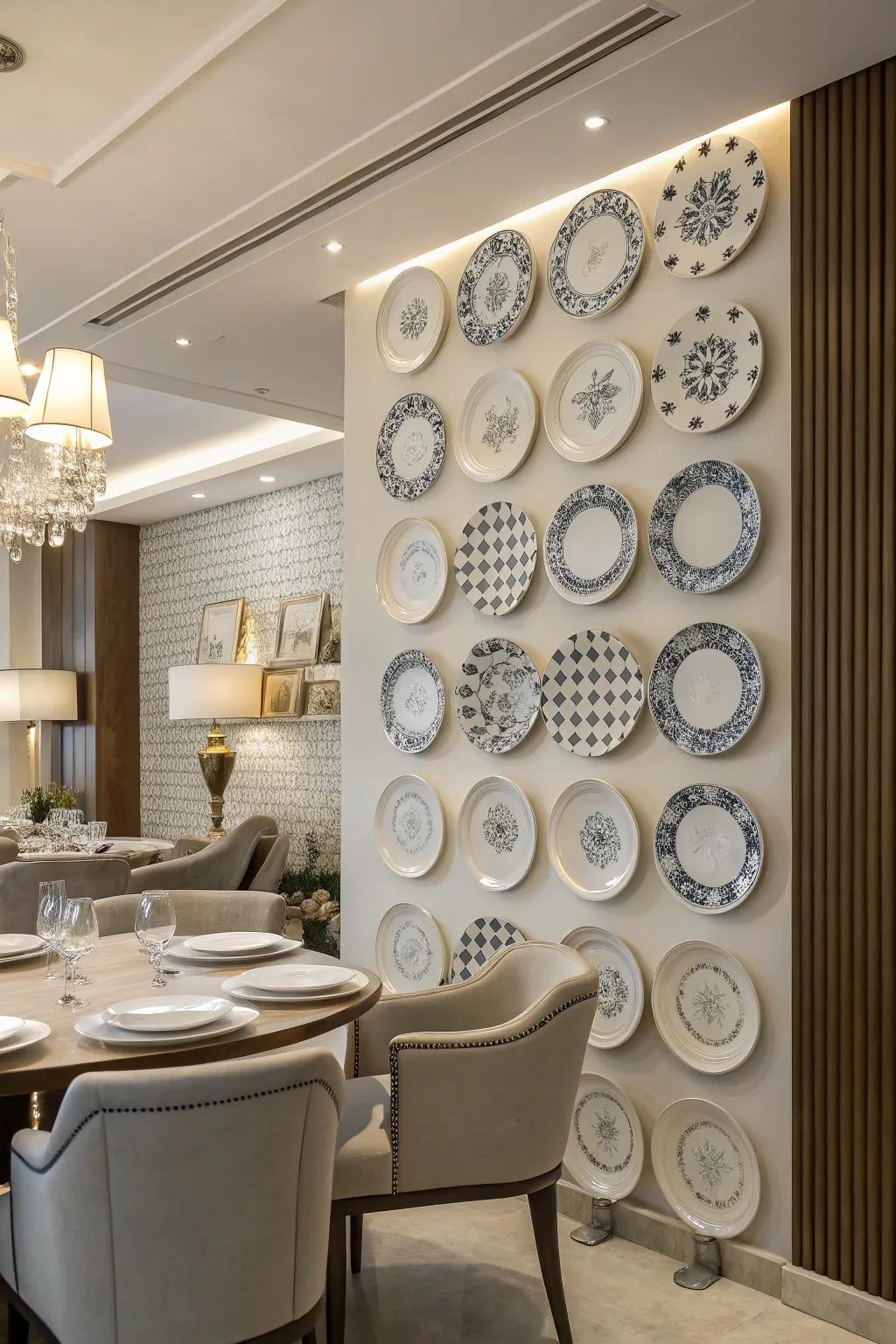 A grid pattern of plates brings symmetry and balance to the room.