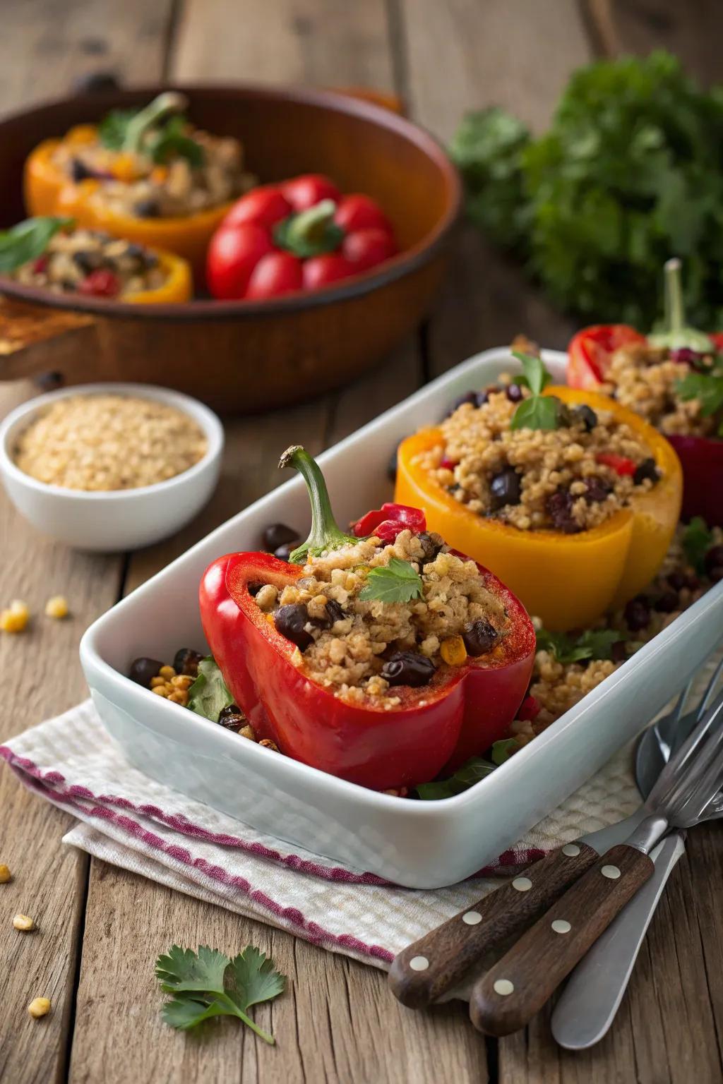 Colorful stuffed bell peppers filled with quinoa and beans.