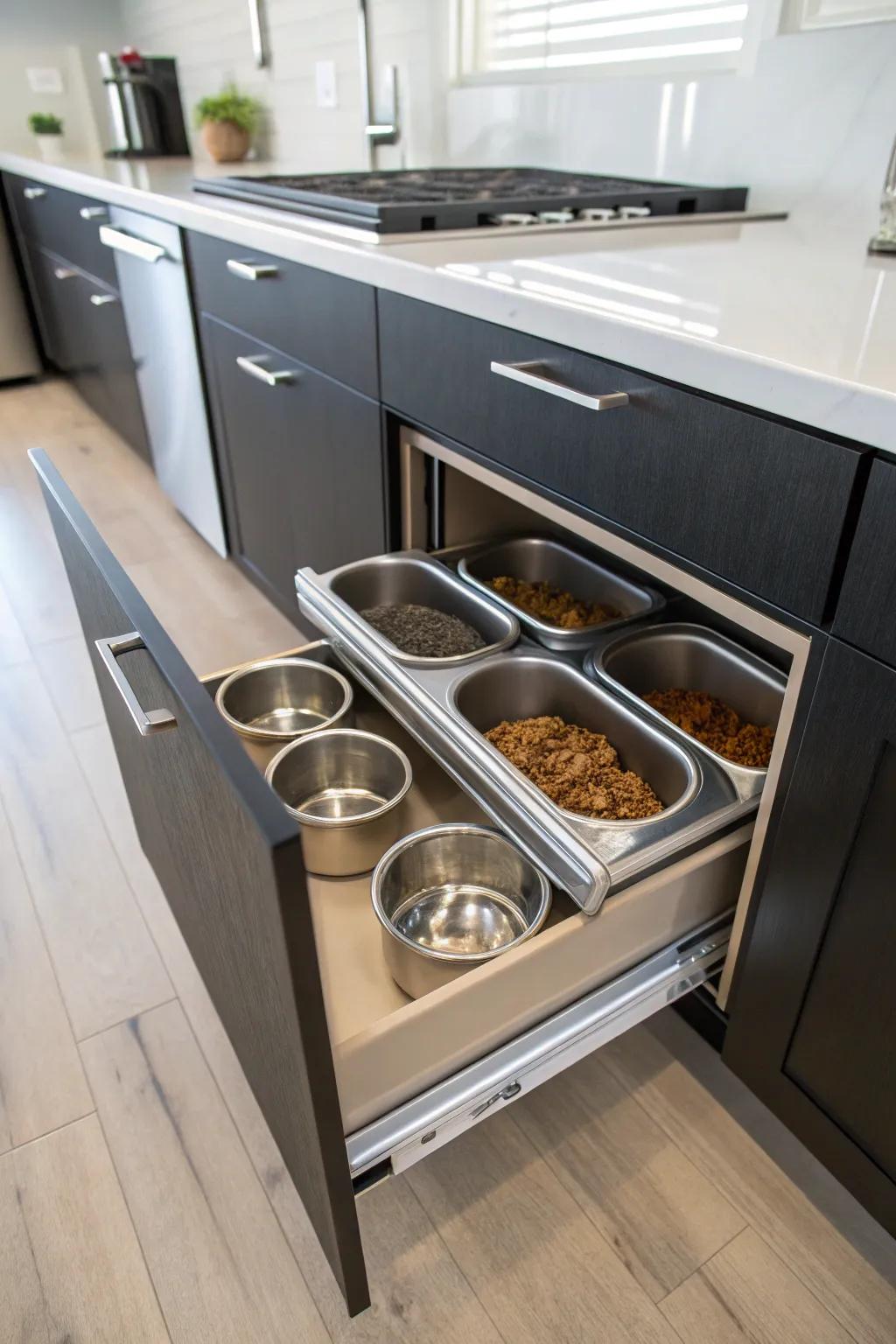 A kitchen cabinet with a pull-out drawer, perfect for discreet dog food storage.