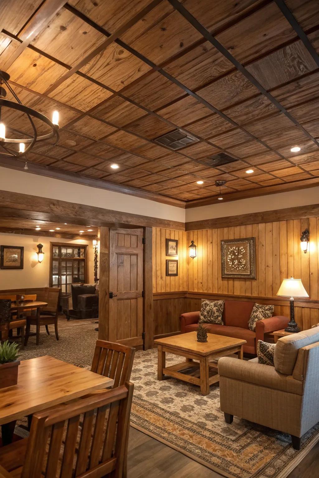 Rustic charm with wood panel drop ceilings.