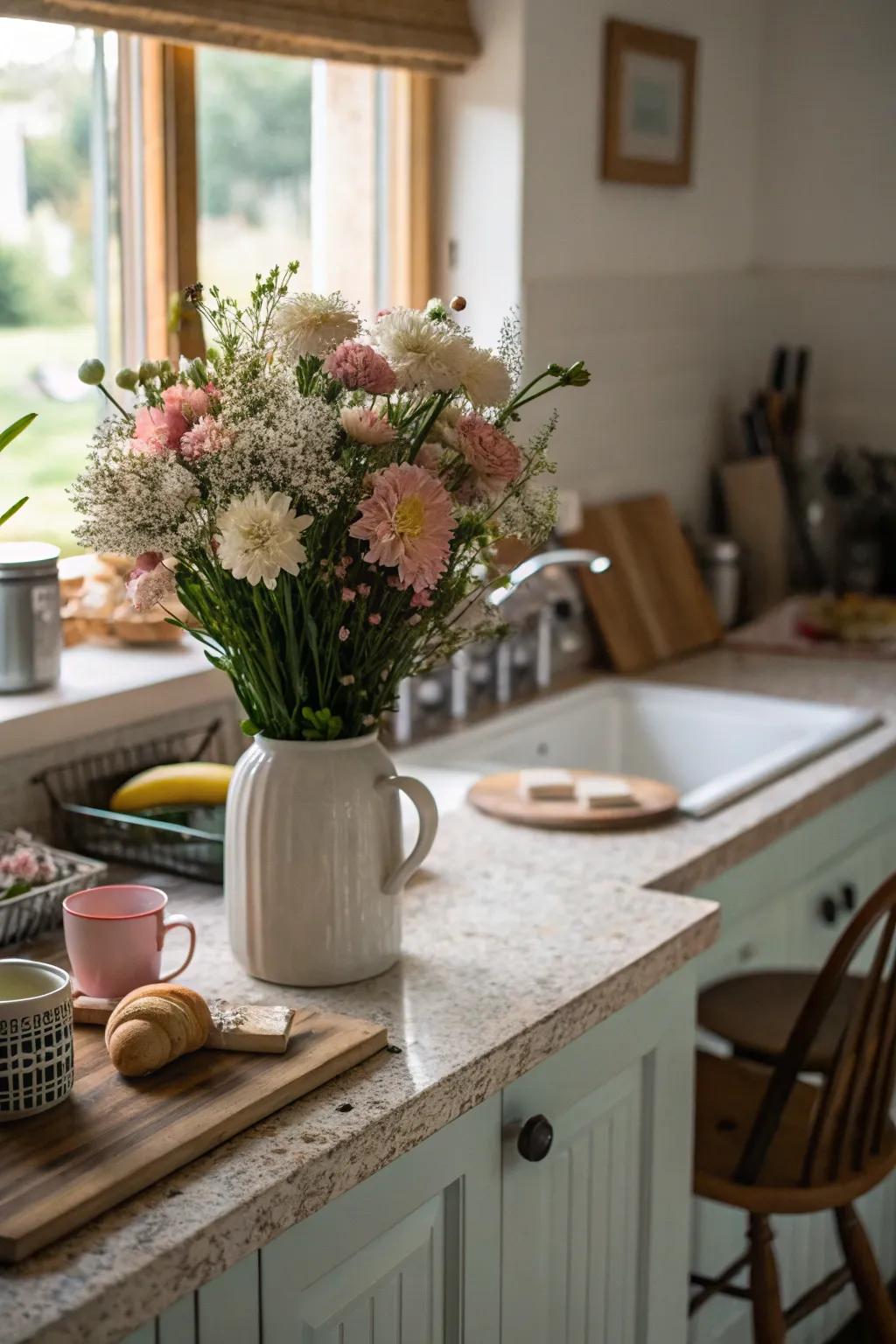 A lovely floral presentation in pastel shades brightens the kitchen.