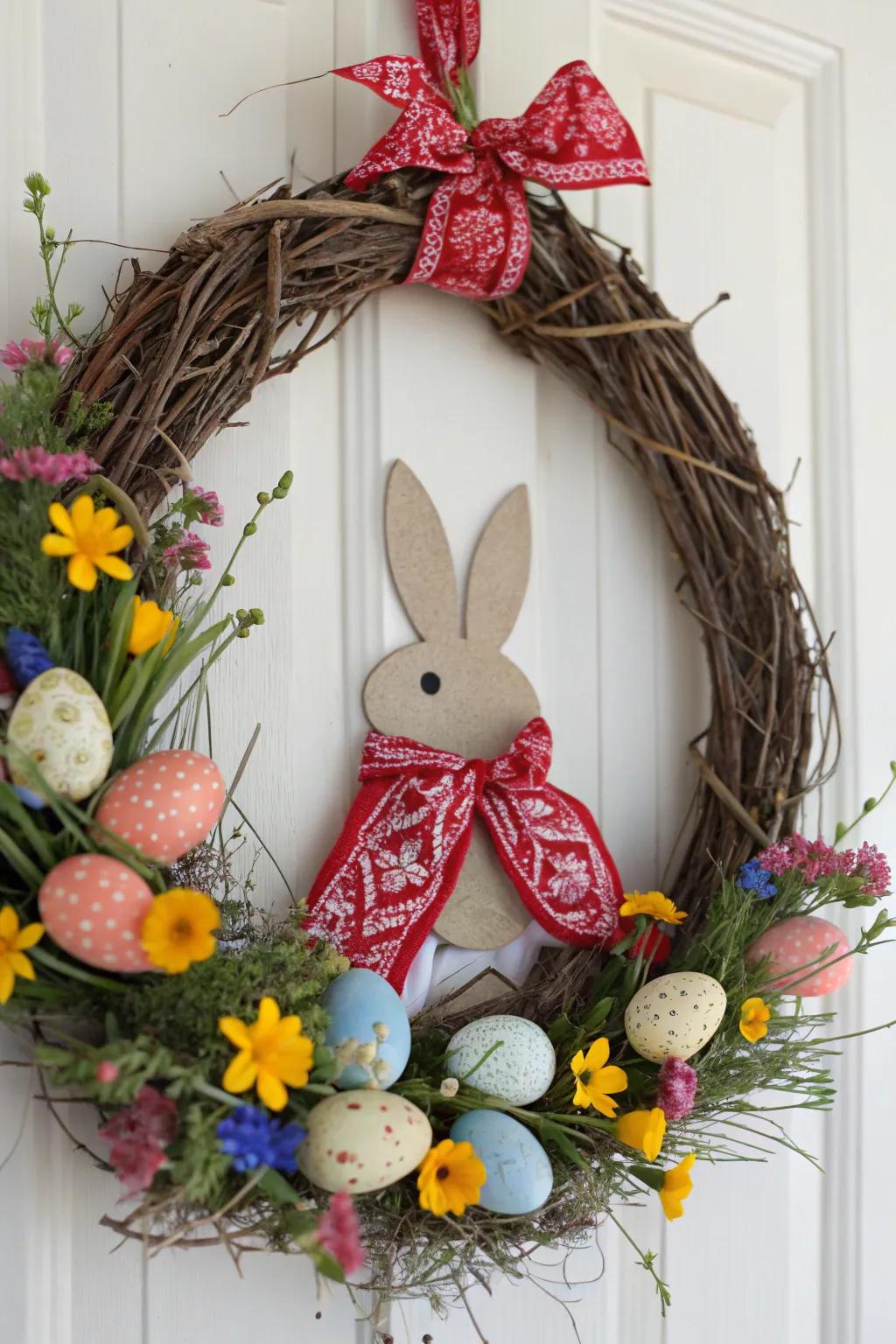 A rustic Easter wreath featuring a bandana bunny, perfect for adding charm to your space.