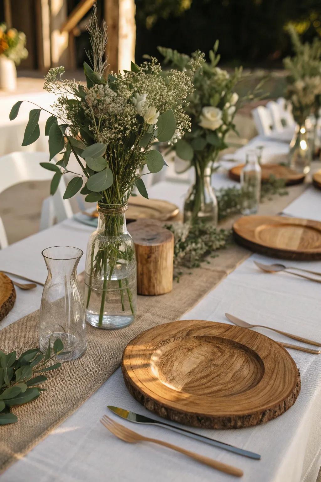 Wooden elements bring rustic charm to this elegant setup.