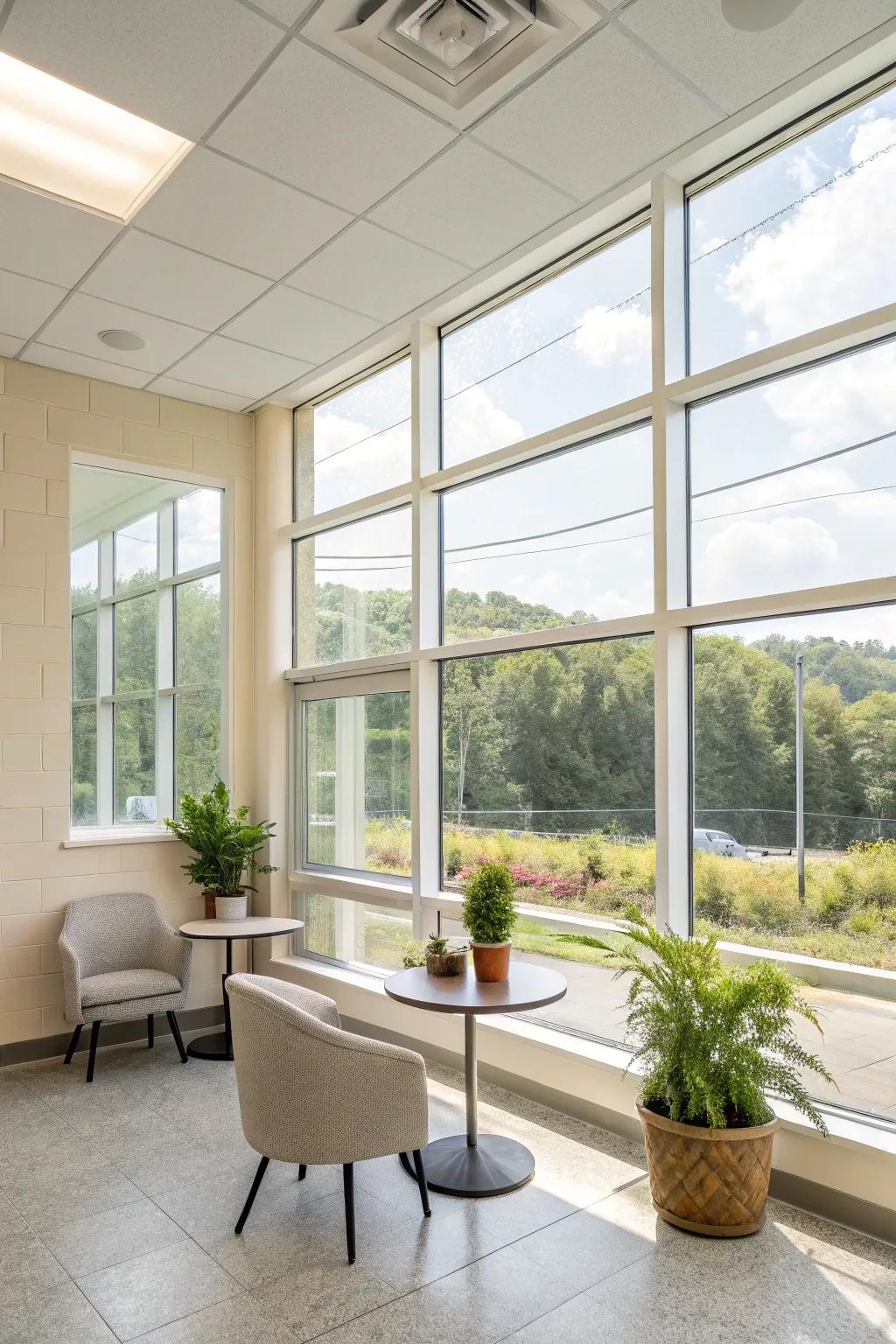 Natural light fills this airy break room with warmth.