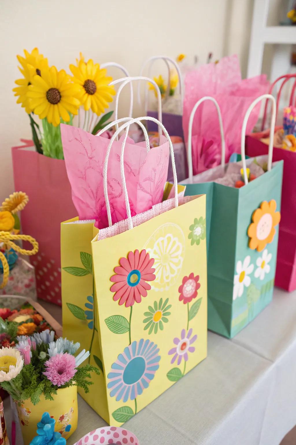 Floral fantasy bags with faux flowers and themed items.