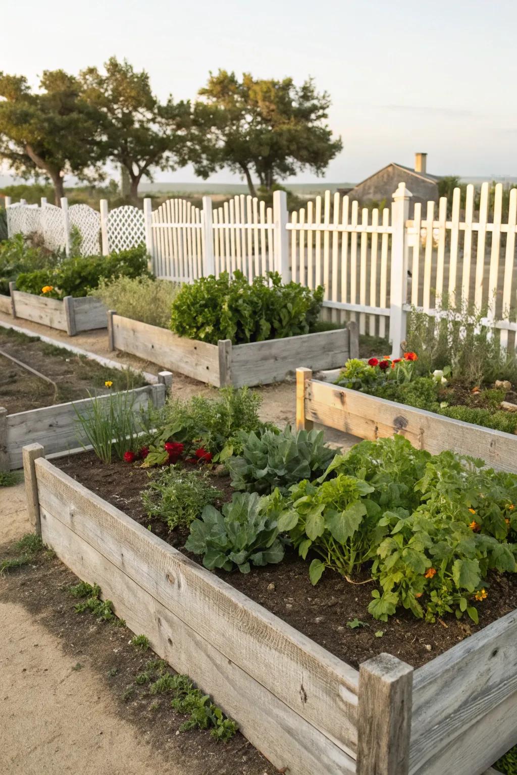 Rustic raised beds brimming with fresh produce.