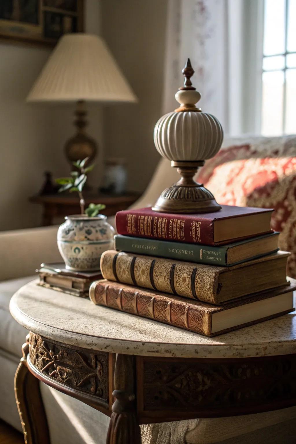 A stack of vintage books adds charm to an end table.