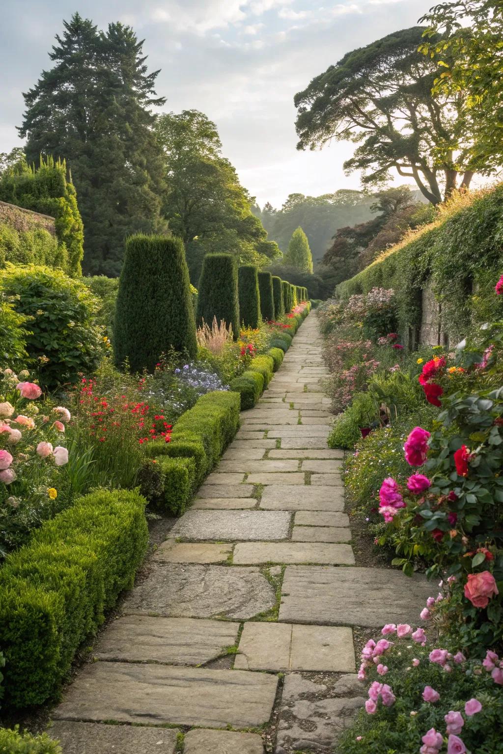 A winding stone pathway that invites exploration through the garden.