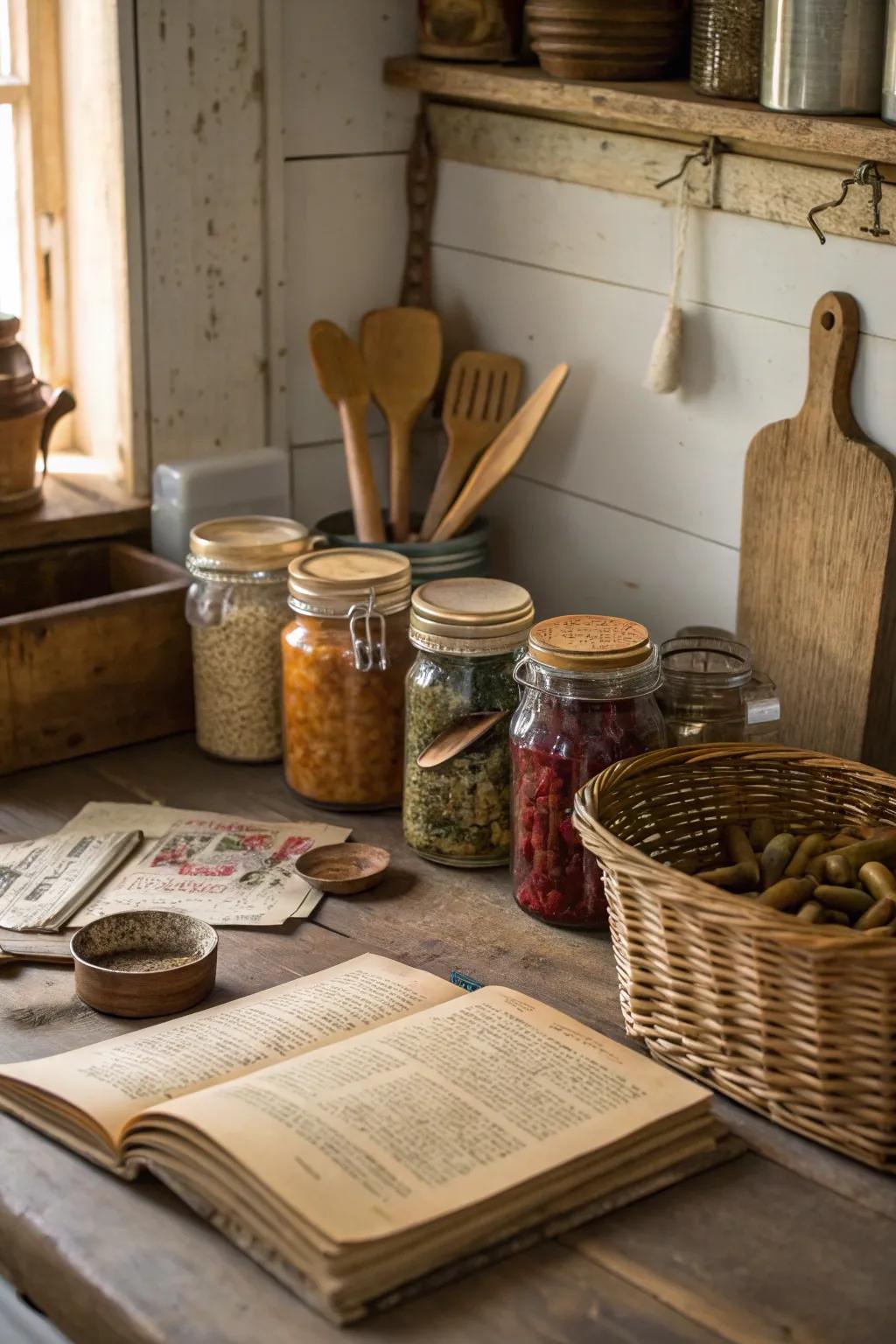 Charming vintage jars adding character to a farmhouse kitchen.