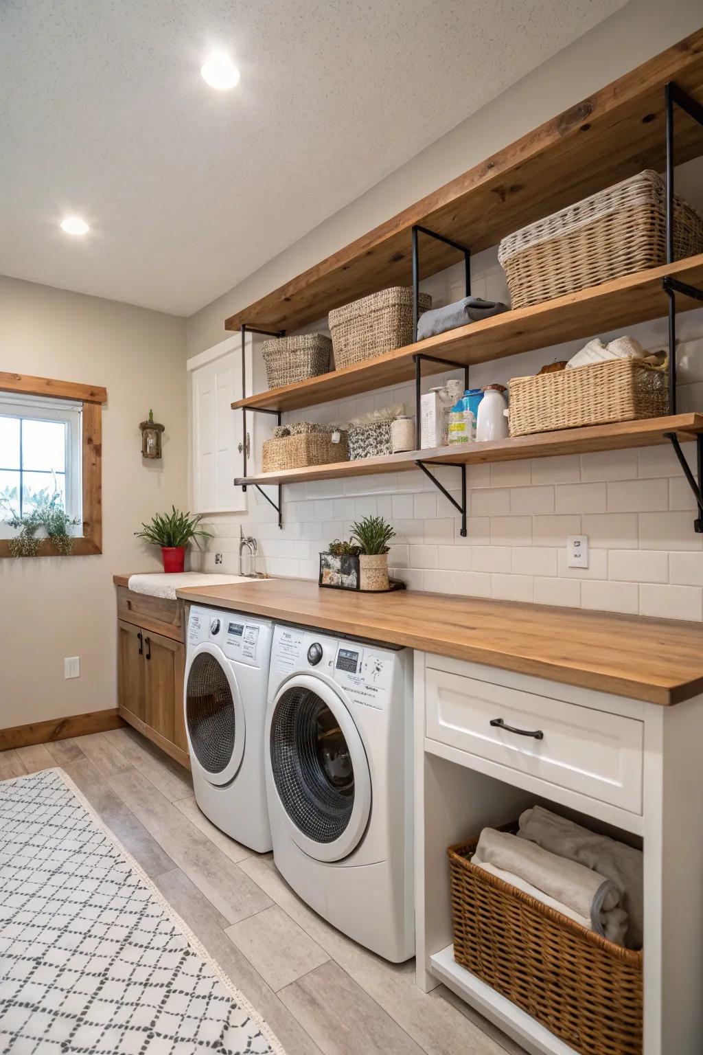 Warm wooden elements provide charm and functionality in this farmhouse laundry room.