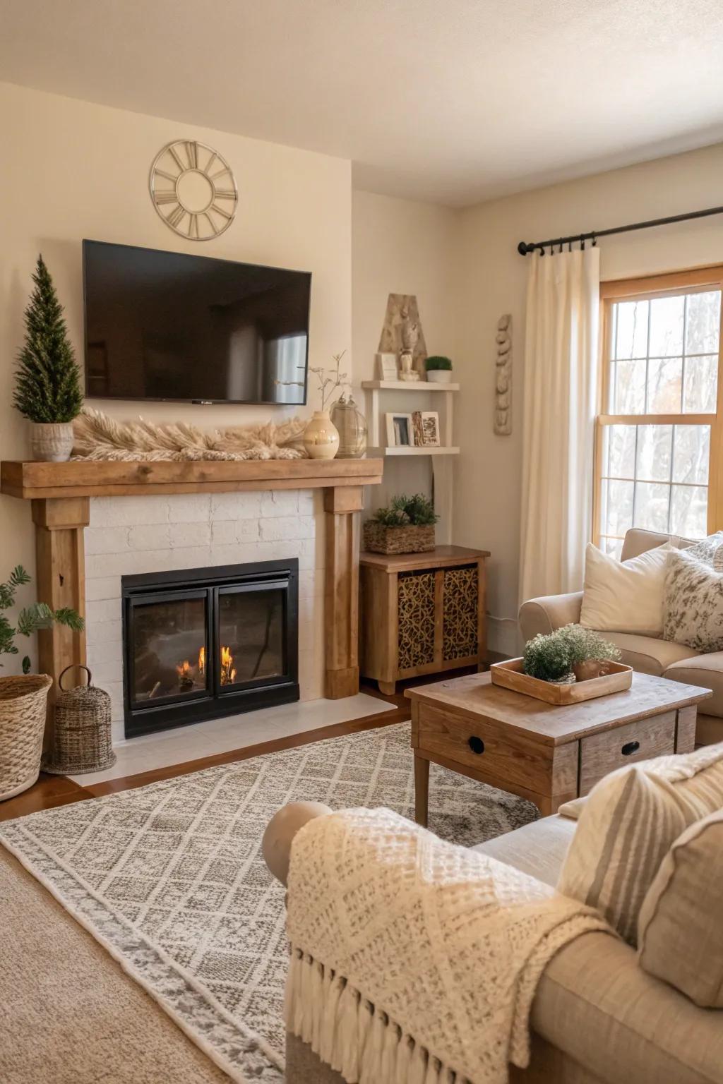 A serene farmhouse mantel featuring a neutral color palette with a TV above.