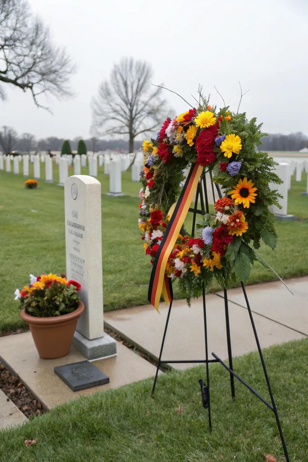 A vibrant wreath brings warmth to a Father's Day grave.