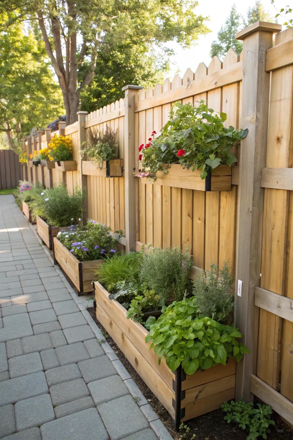 Wooden fence panels with built-in planters for a lush look.