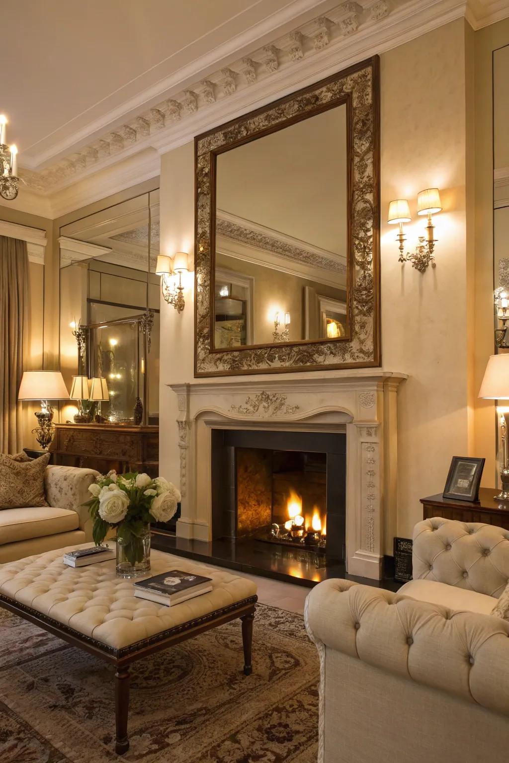 An elegant living room enhanced by a large mirror above the fireplace, which introduces depth and light.