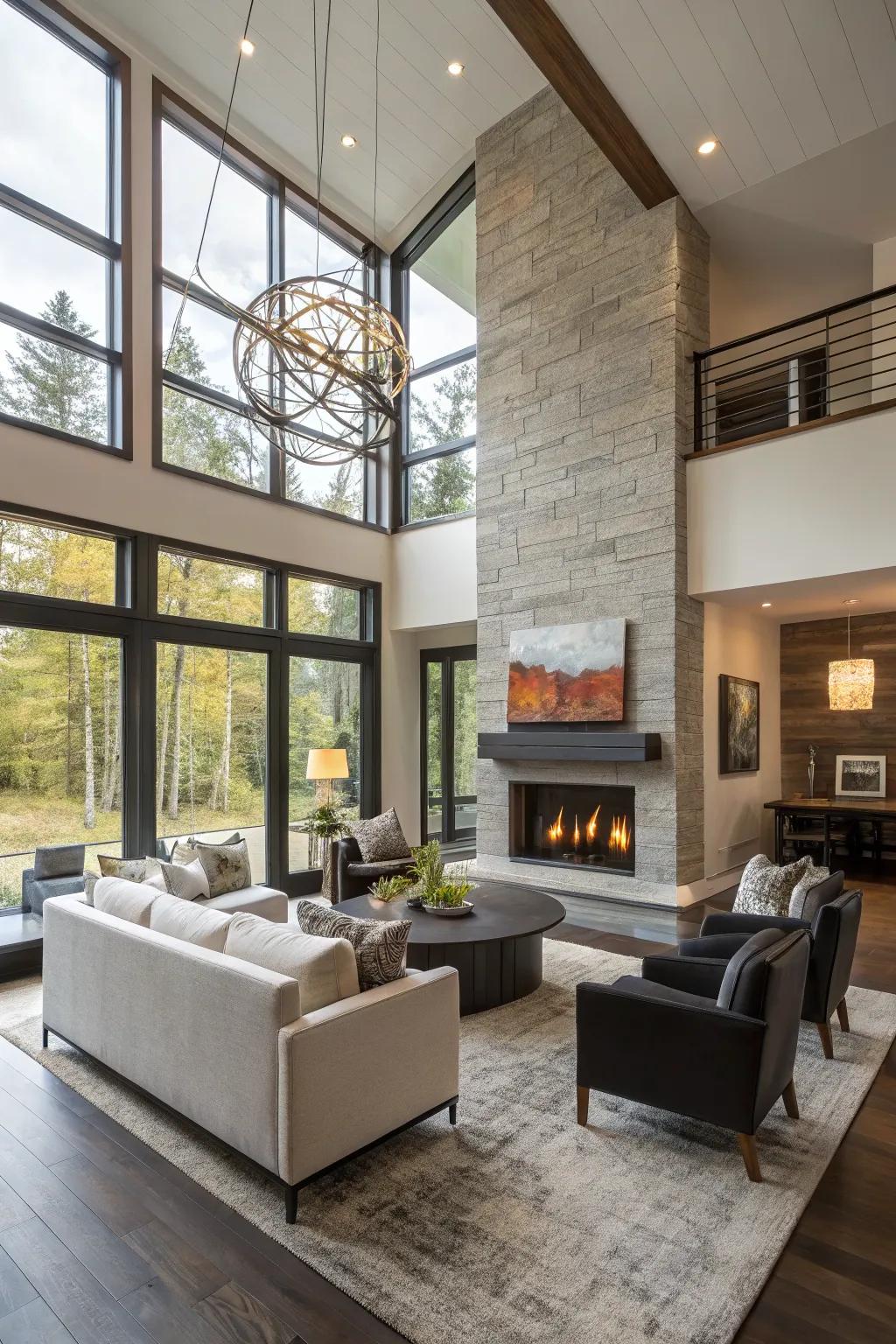 An open-concept layout featuring a dual-sided fireplace, effectively connecting the living and dining zones.