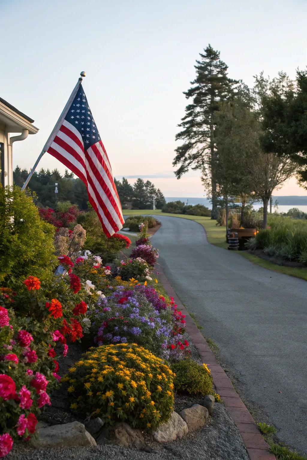A rear lot access is adorned with lively blossoms and shrubs, resulting in a captivating entryway.