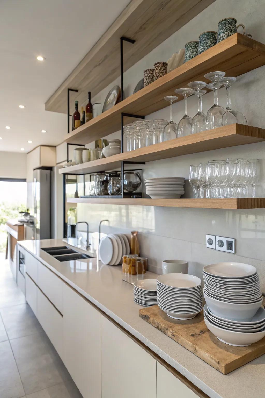 Floating shelves in the kitchen showcasing elegant dishware.