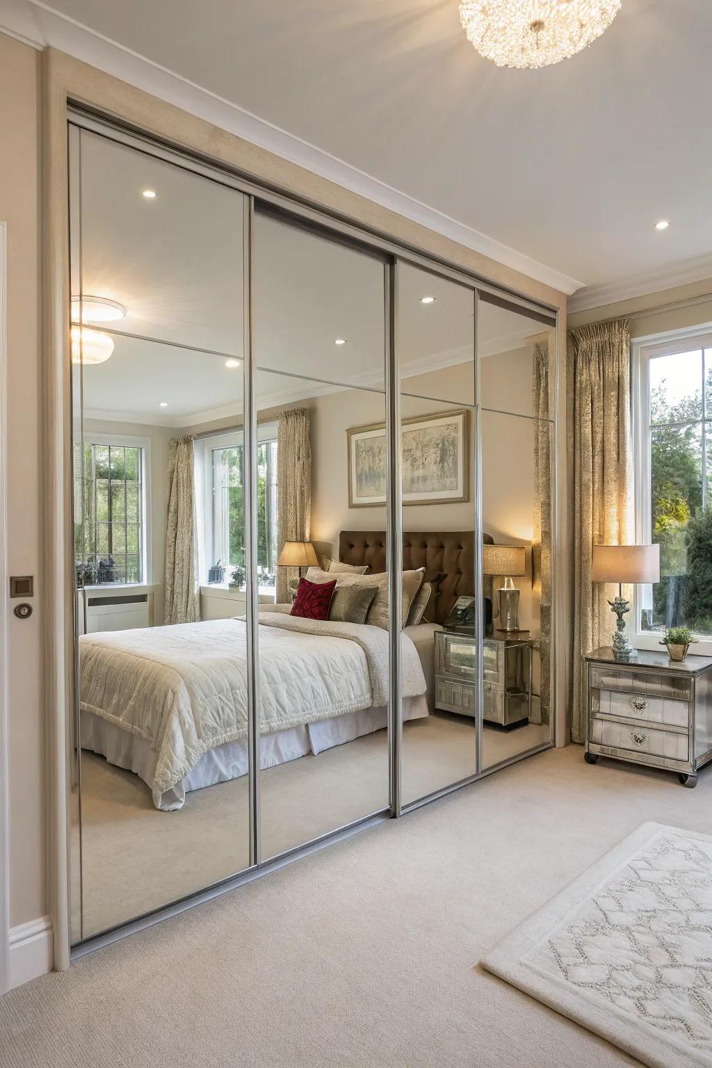 Mirrored doors enhance the space by reflecting light and opening up the room.