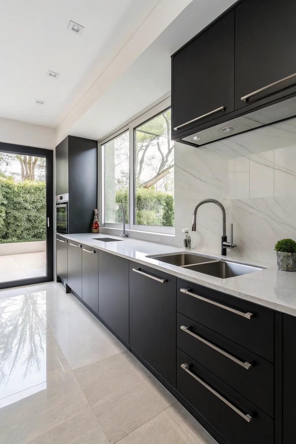 A minimalist kitchen with a sleek stainless steel free standing sink.