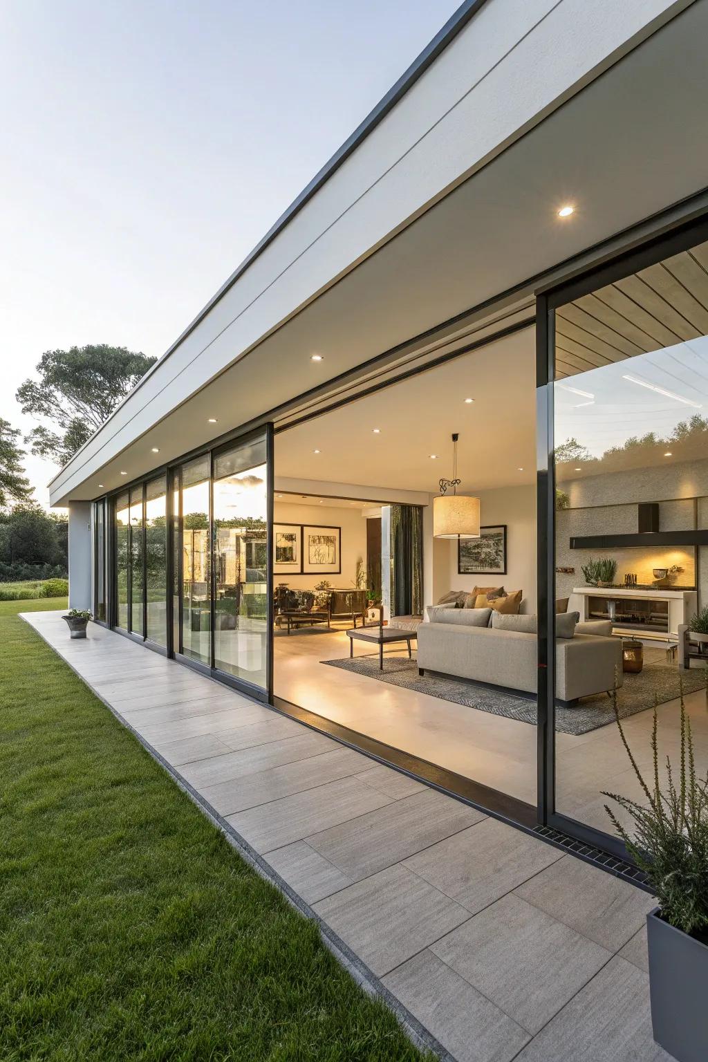 A contemporary dwelling showcasing expansive glass entrances that illuminate the interior.