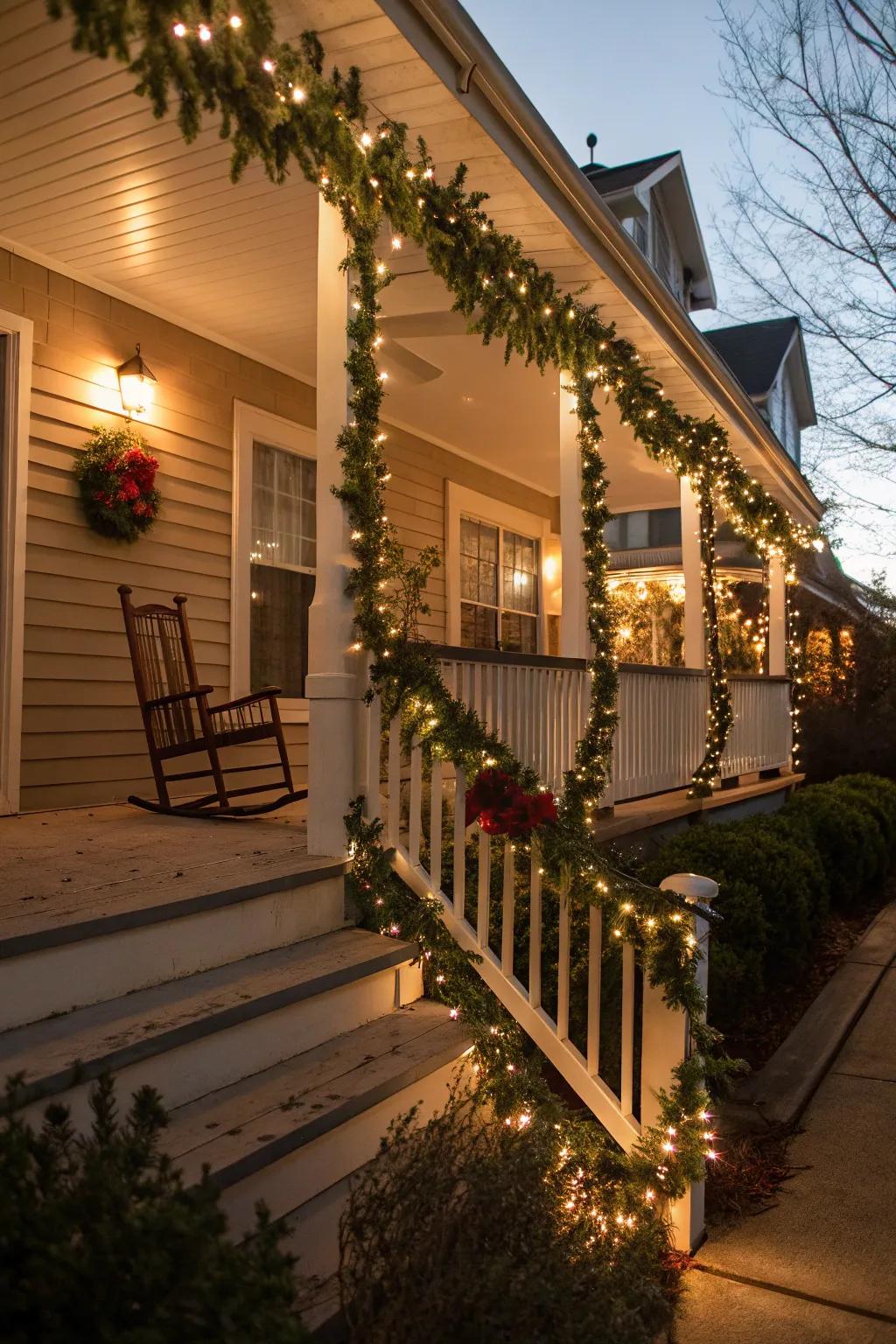 Garlands and lights create a festive glow on your porch.