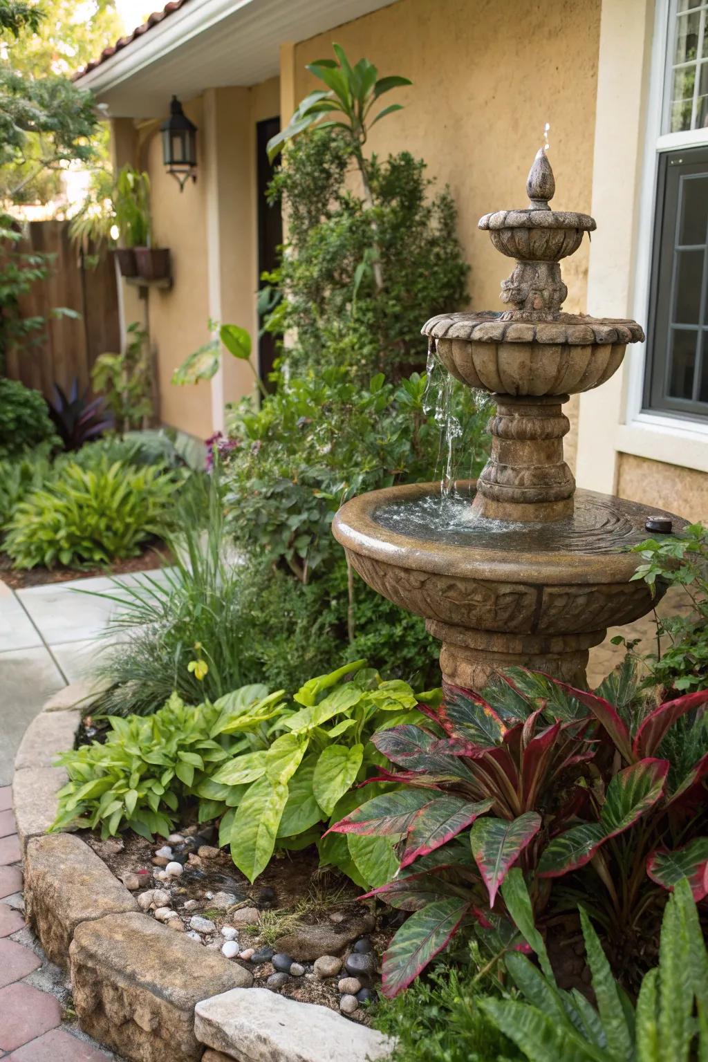 A charming water feature bringing life to a front yard corner.