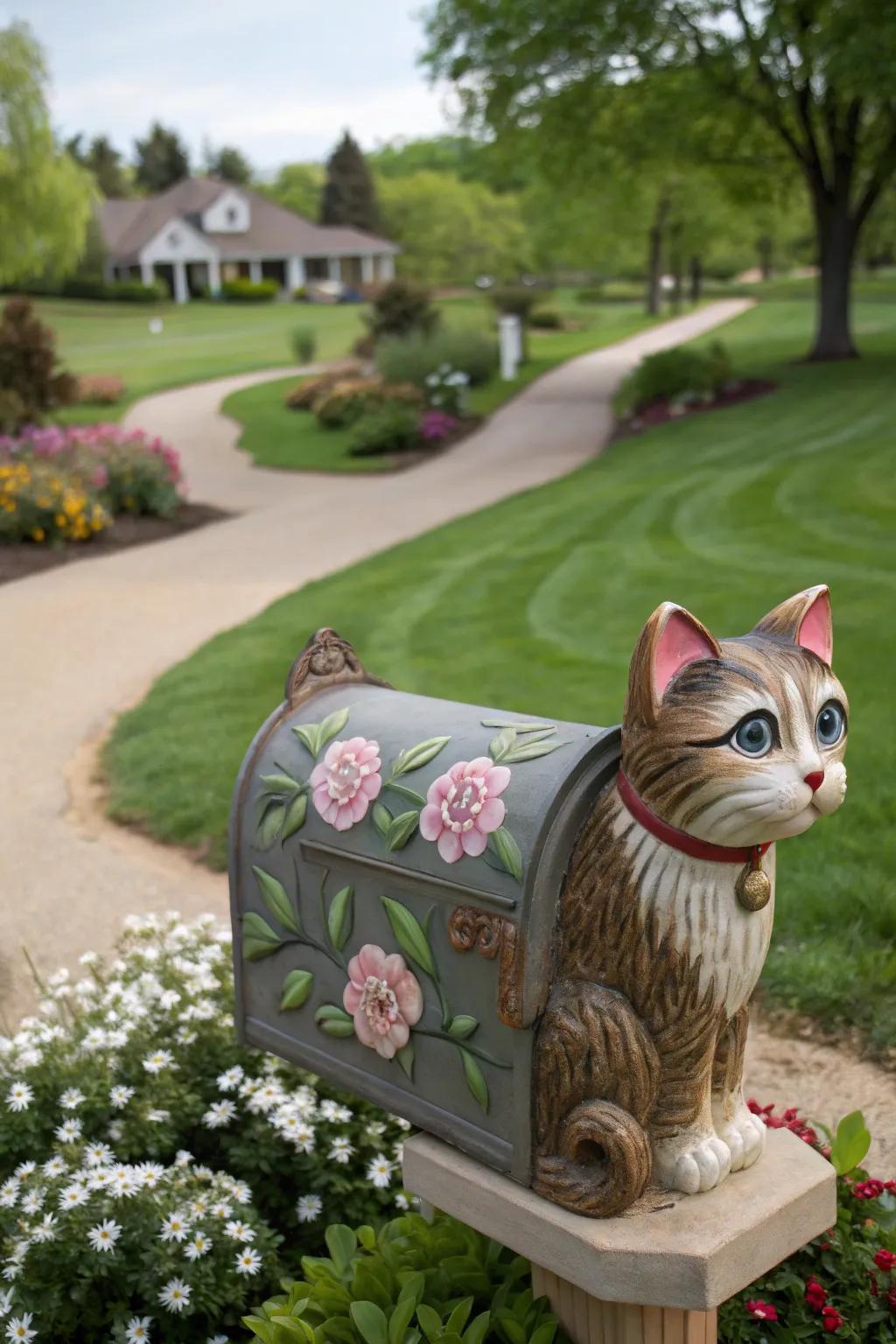 An endearing feline-shaped mailbox introducing a dash of caprice to the garden.