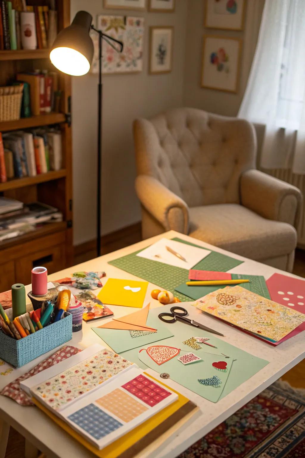 An inviting DIY craft station for making personalized Galentine's Day decorations.