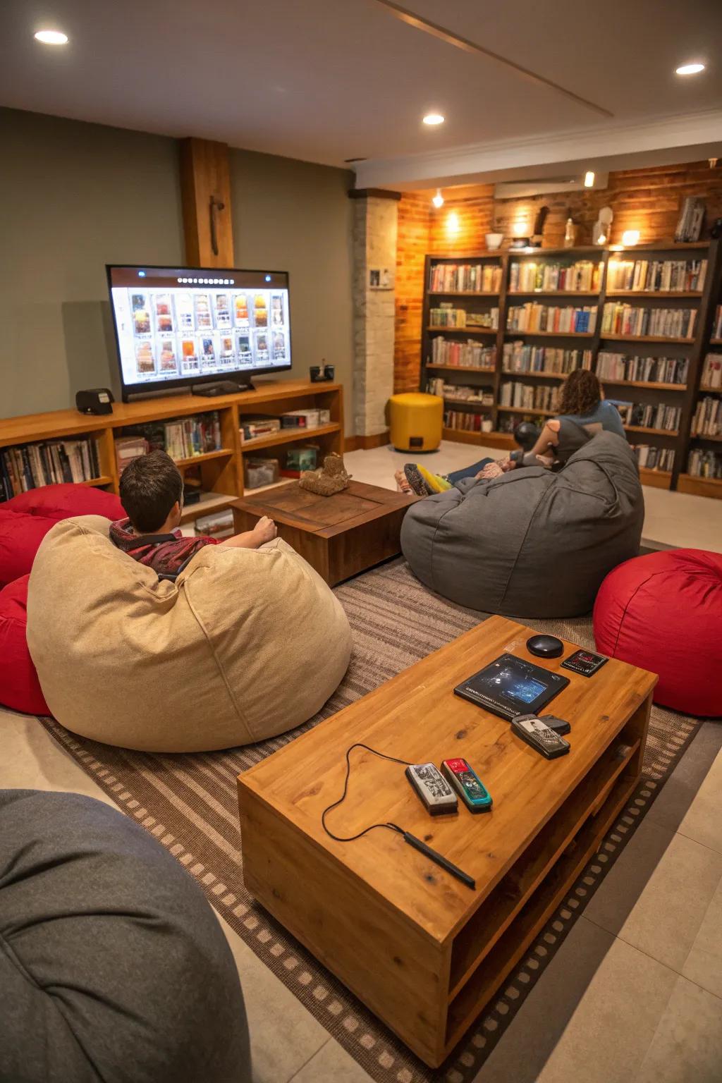 Bean bags offering a relaxed and comfortable seating arrangement for casual gaming.