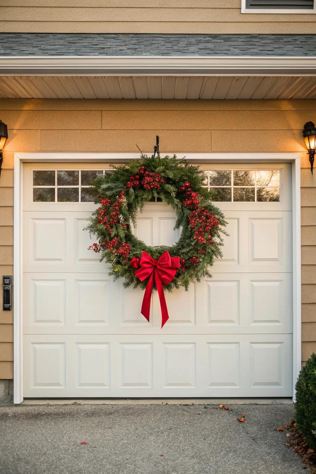 A classic Christmas wreath on a garage door.