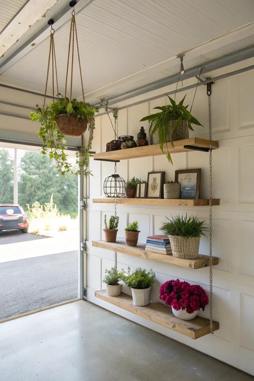 Floating shelves add both functionality and style to garage walls.