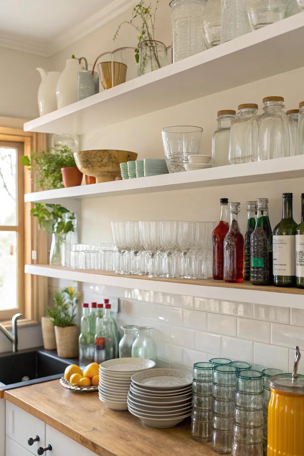 Open shelves filled with diverse glassware in a bright kitchen.