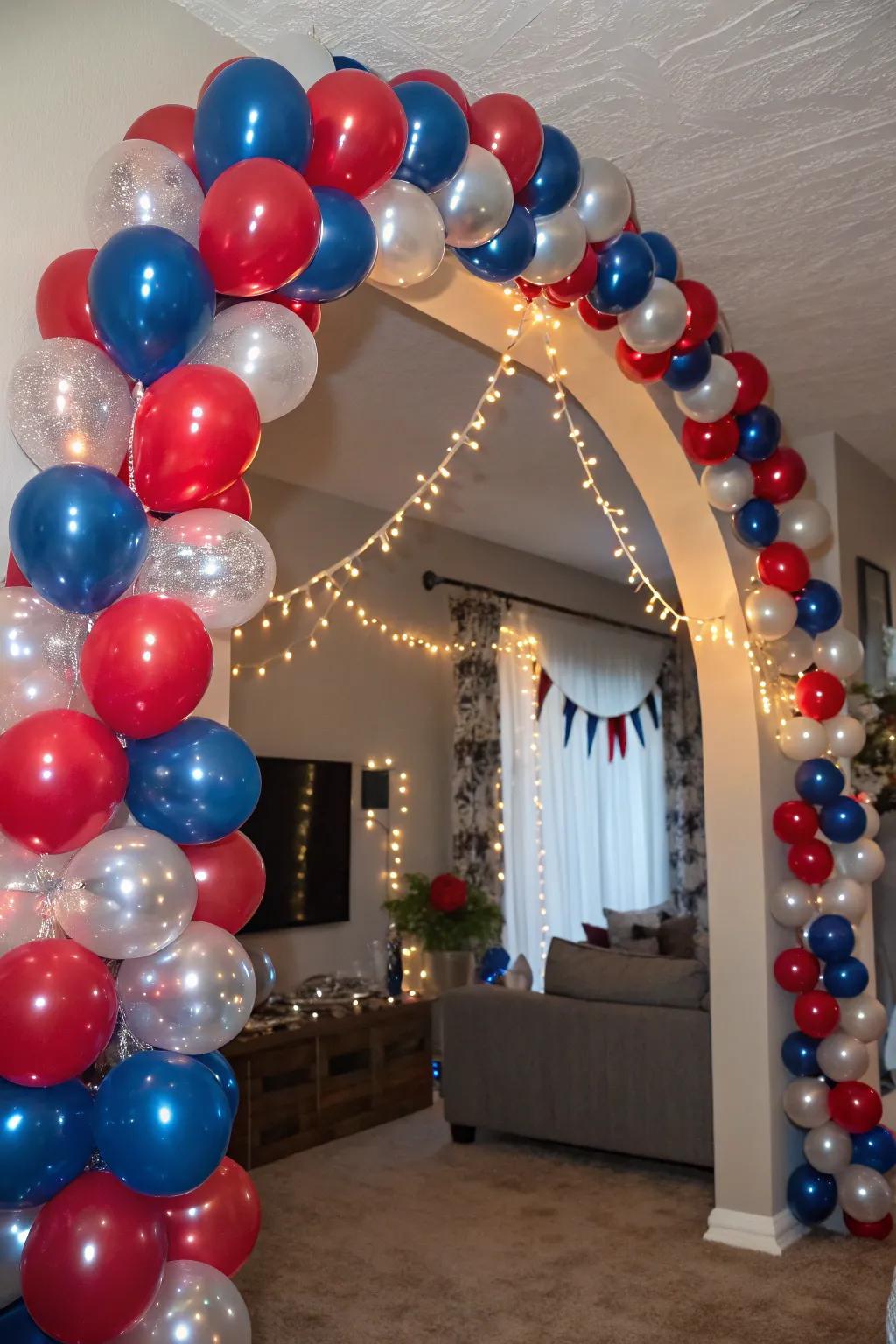 Bold and vibrant red and blue balloon garland for celebrations.