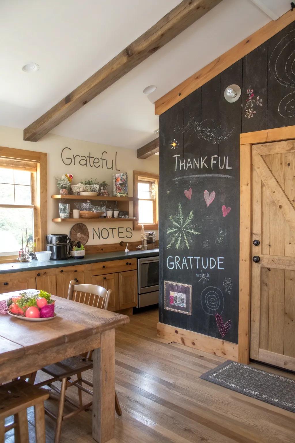 A chalkboard wall filled with messages of gratitude.