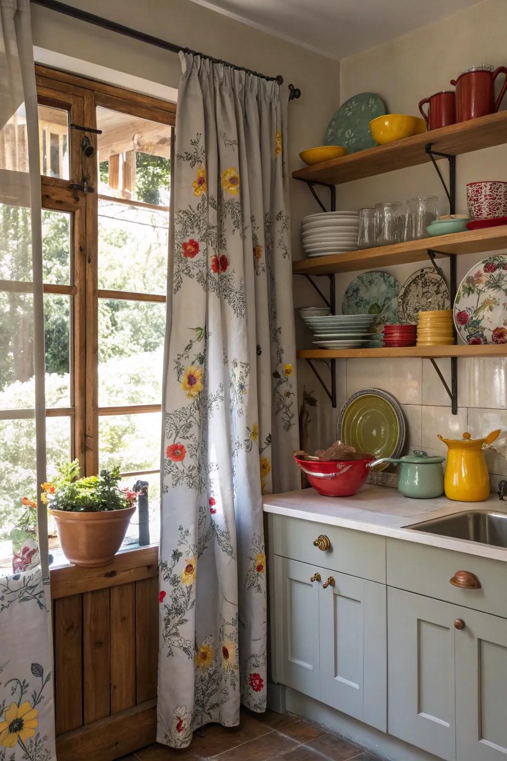 Curtains with gray patterns contribute a burst of personality and flair.