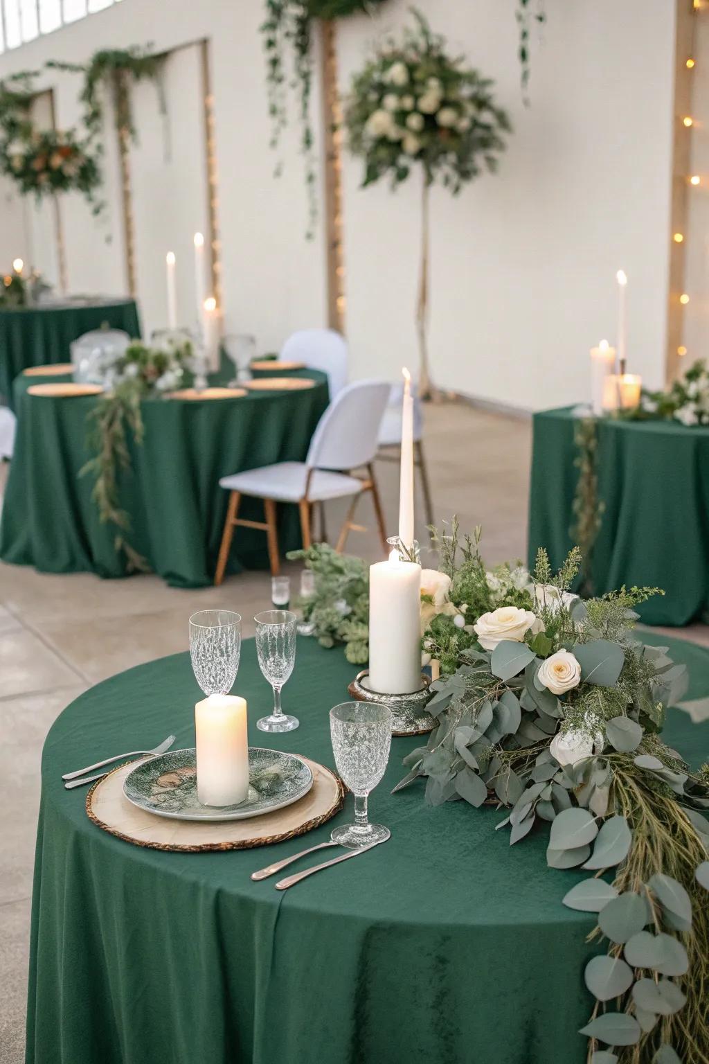 Elegant table settings with green accents and lush greenery.