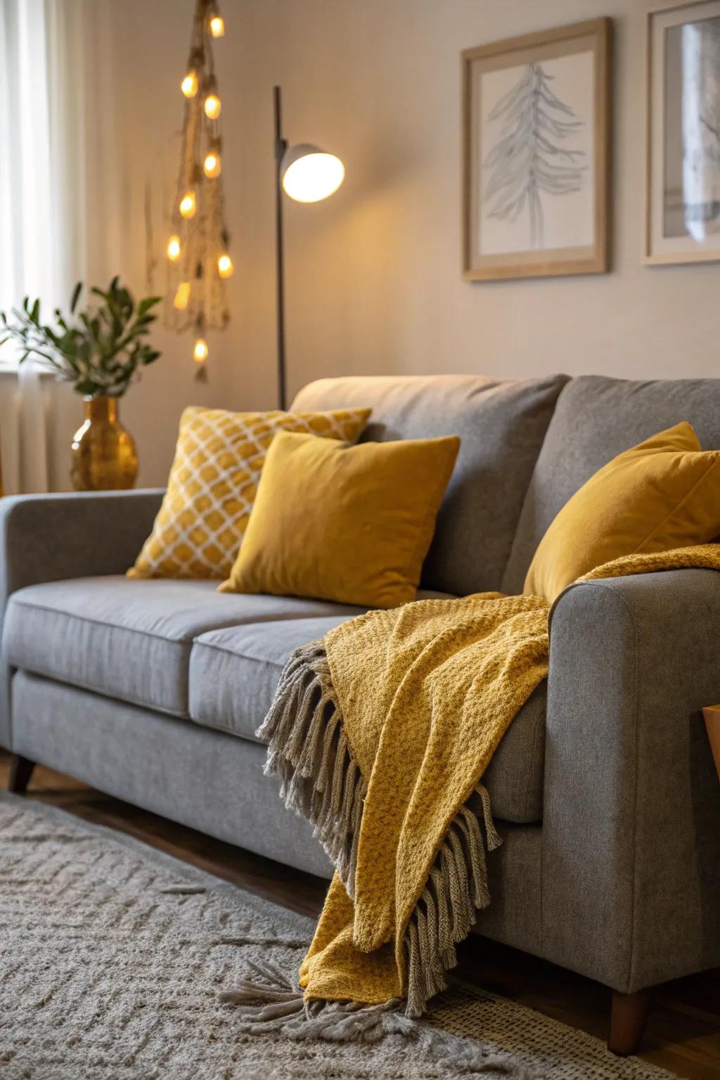 A grey couch enlivened with mustard yellow accents.