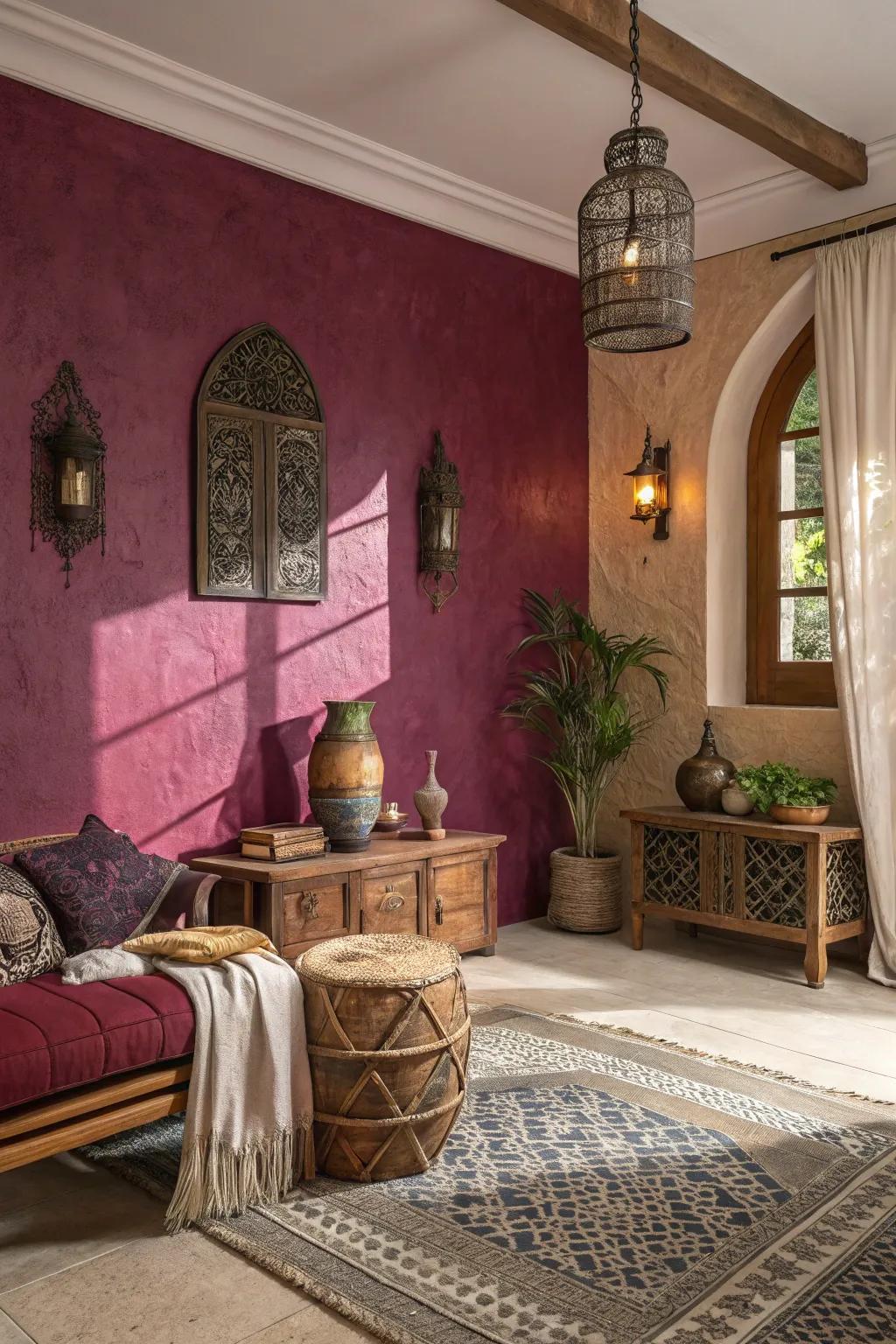 Opulent jewel tones establish a cozy and welcoming ambiance.