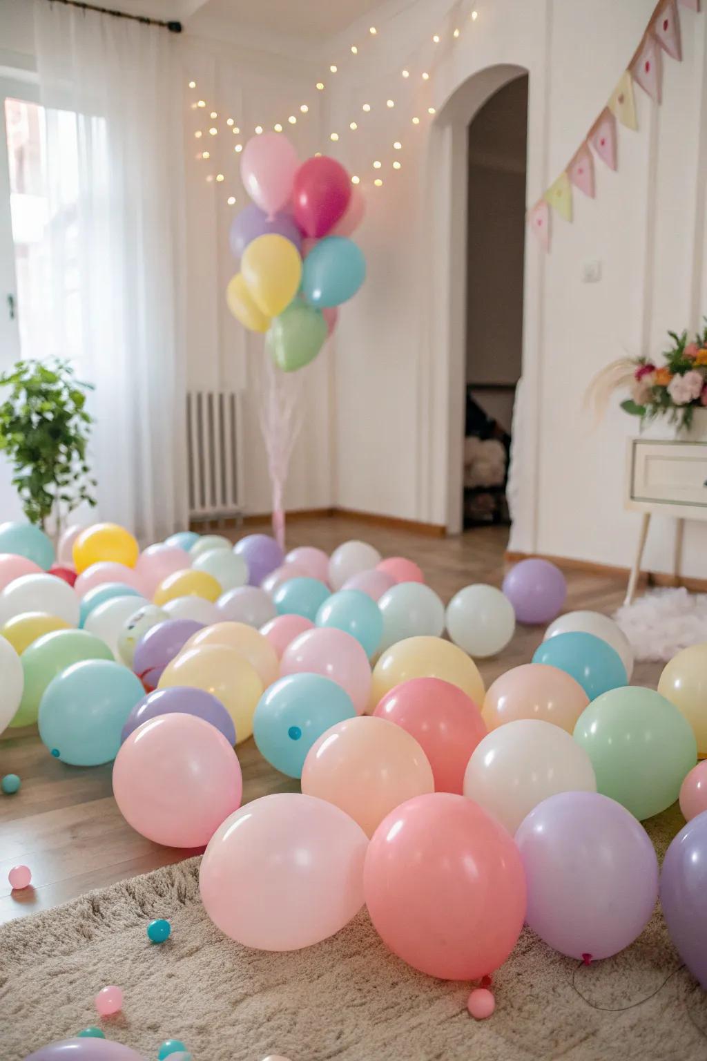 A room bursting with colorful half-inflated balloons, adding a playful vibe.