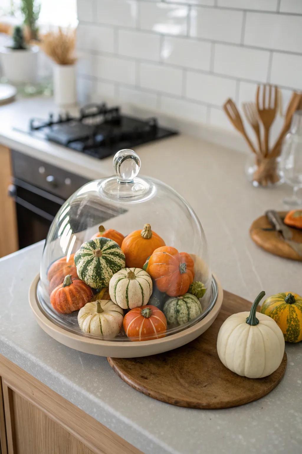 An adorable cloche filled with a variety of mini pumpkins.