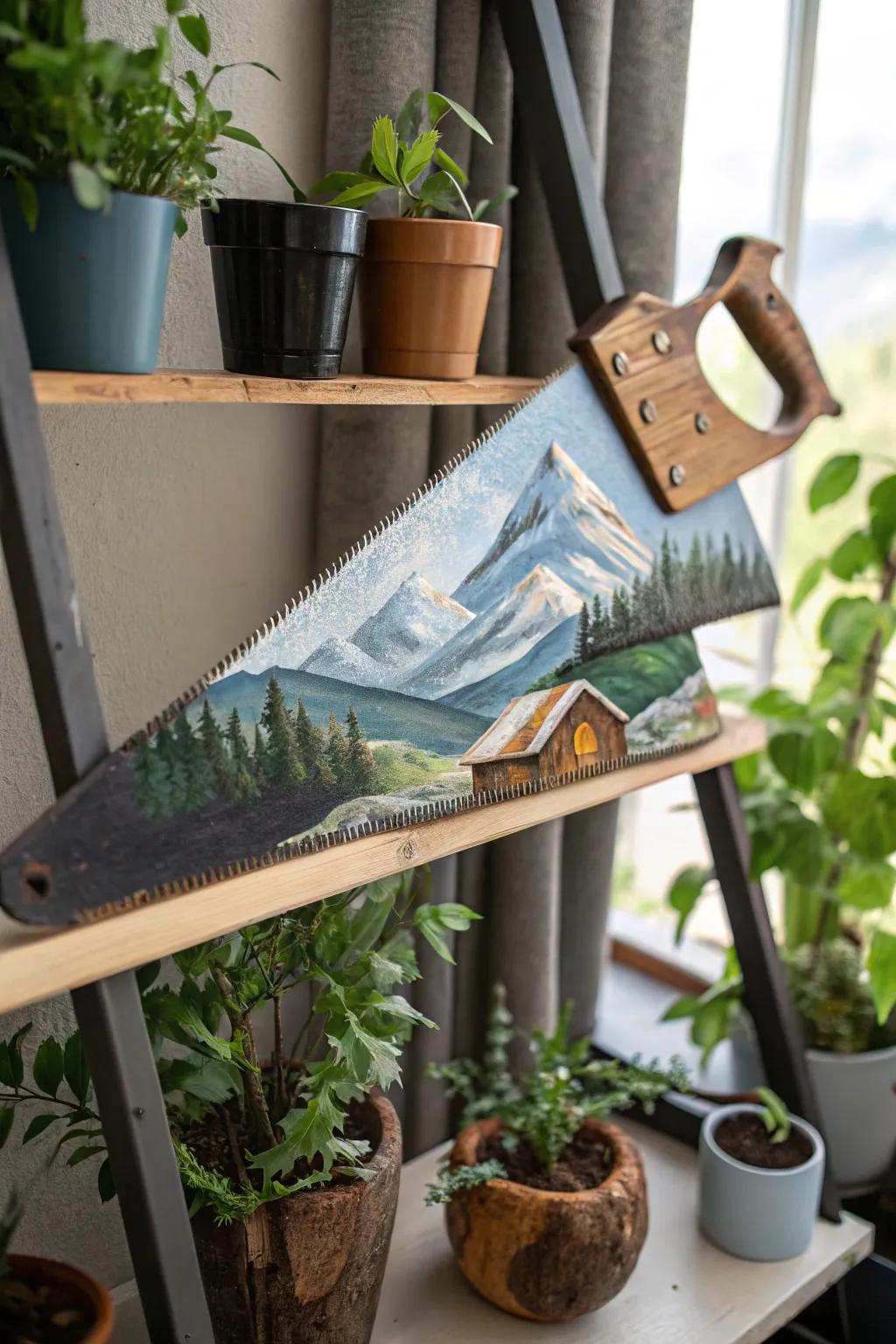 A hand saw turned into a peaceful mountain landscape painting.