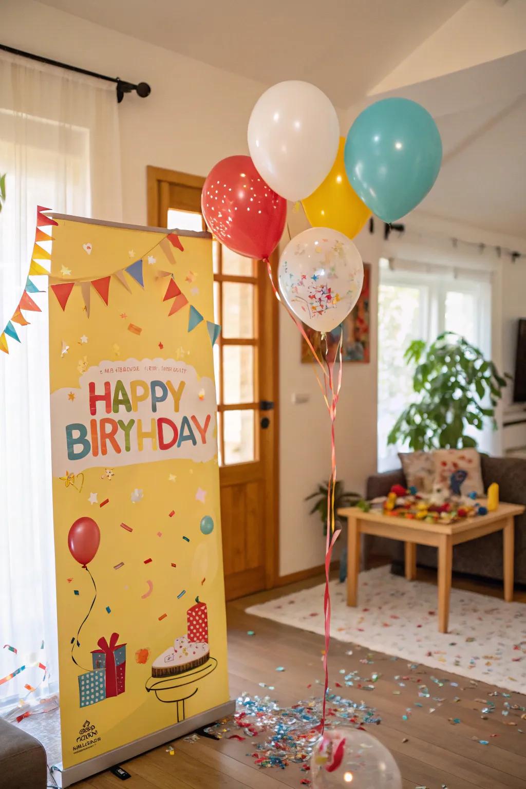 Balloons and confetti add a festive flair to birthday posters.